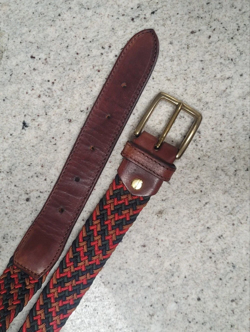 Braided Stretch Belt Multicolor Brown Red Leather Brass Italy Size Large 38 40